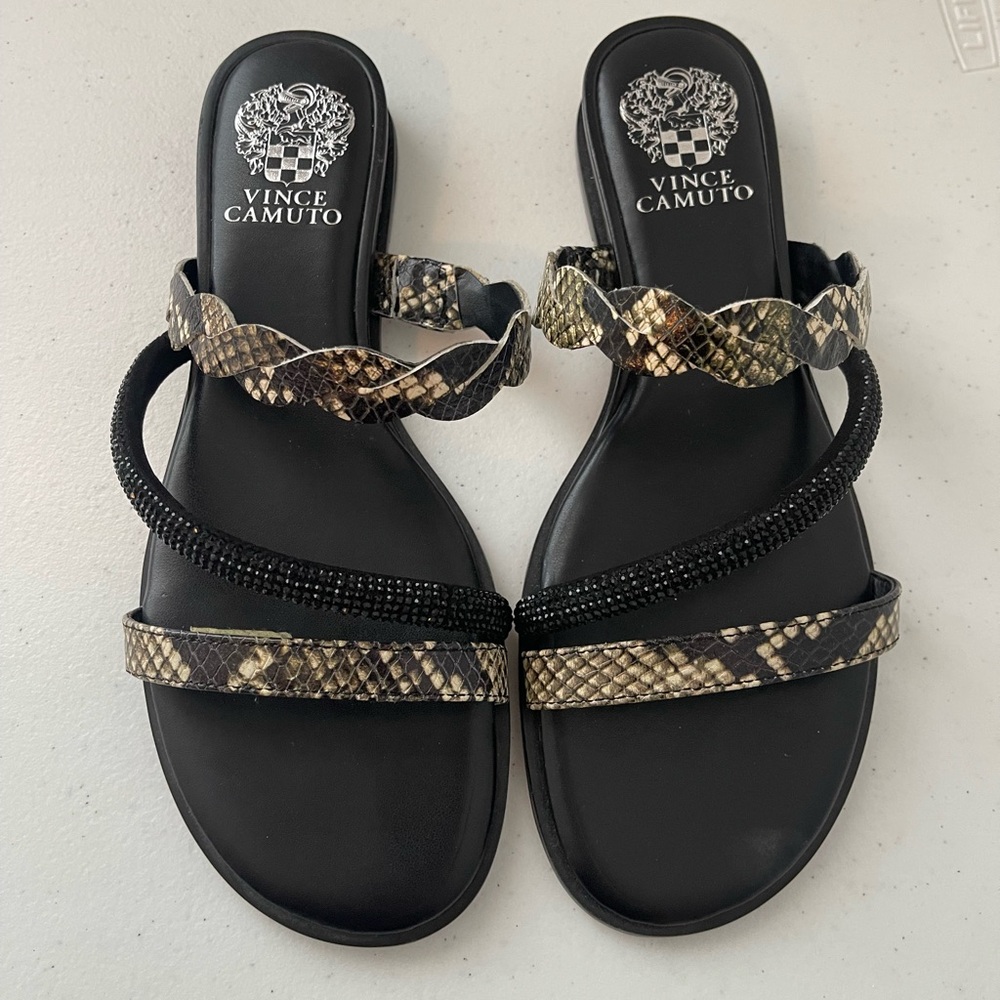 Vince Camuto Black and Brown Snake Print Sandals